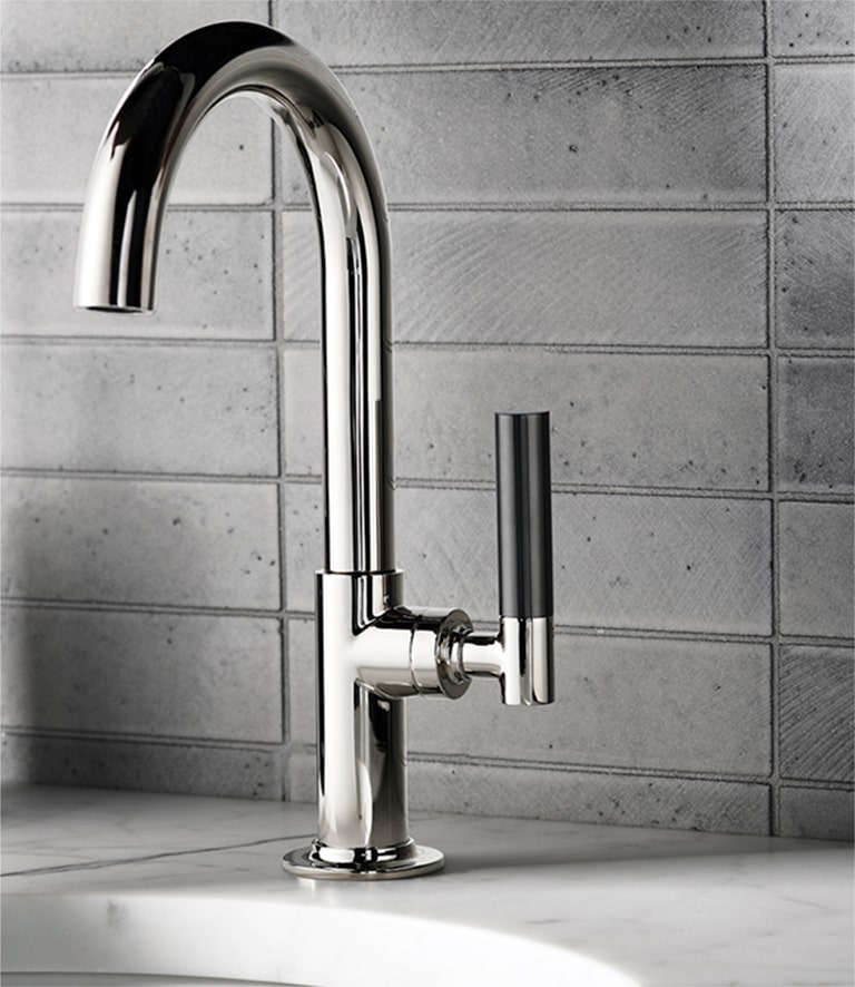 Bond Tandem Series One Hole Lavatory Faucet with Two-Tone Lever Handle, Clara sink and Magma Tile in Stargazer Crackle.
