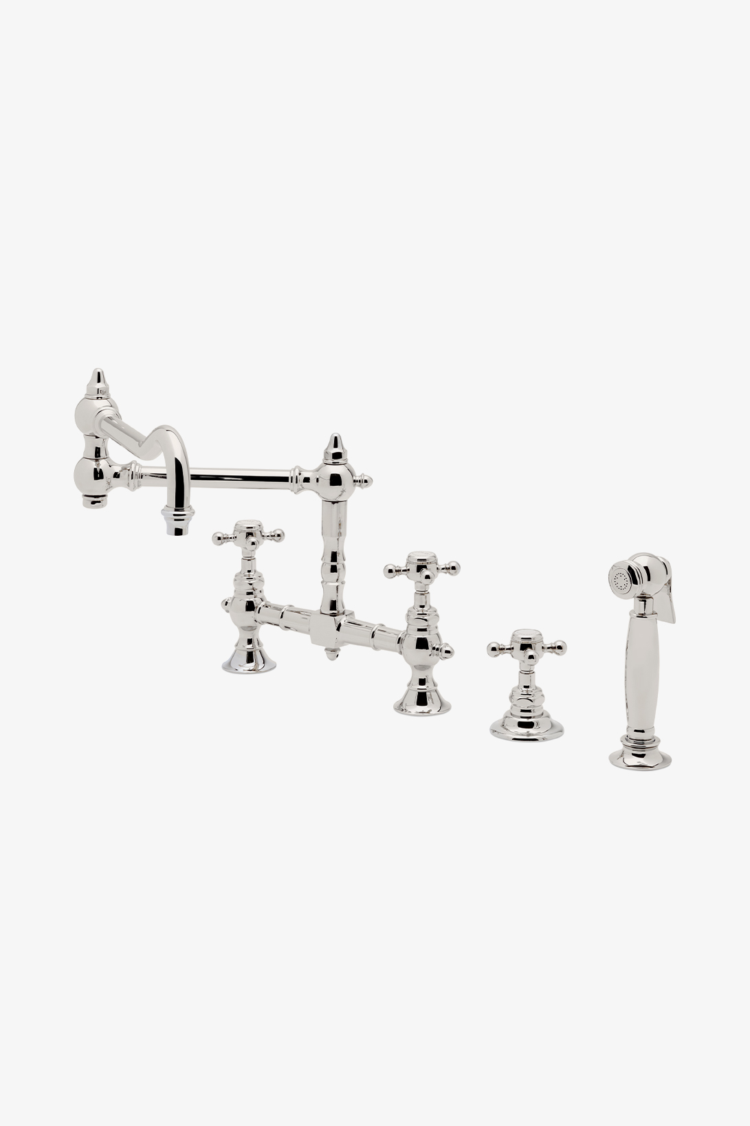 Discover Julia Wall Mounted Two Hole Bridge Articulated Kitchen Faucet