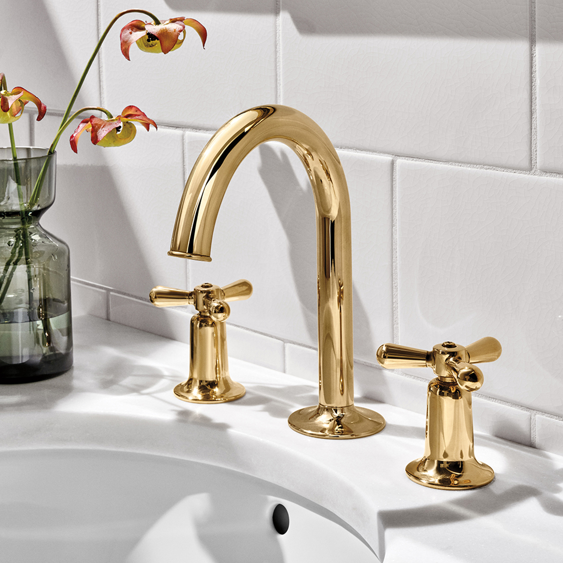 Riverun Gooseneck Lavatory Faucet with Tri-Spoke Handles