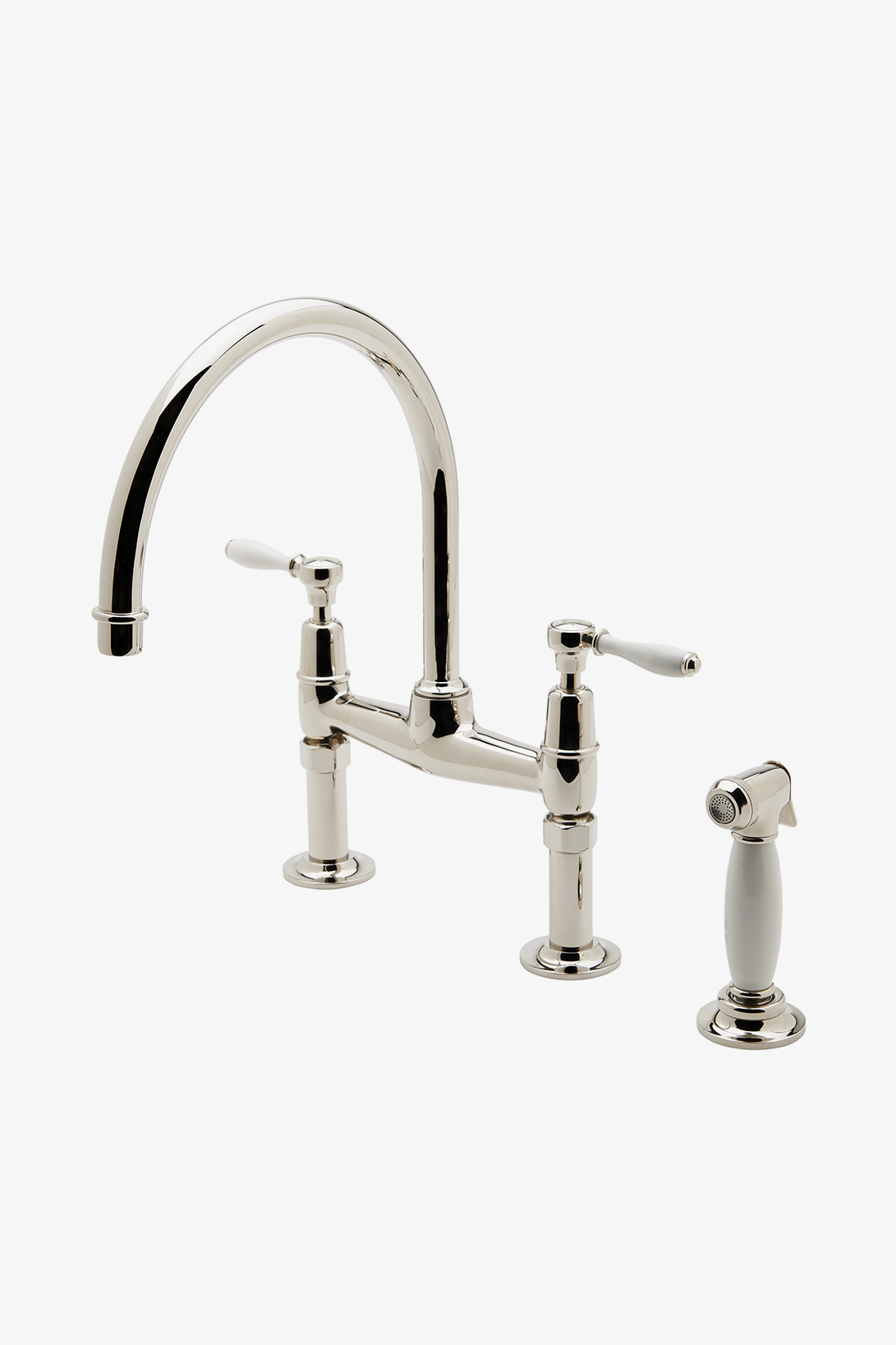 Discover Easton Vintage Two Hole Bridge Gooseneck Kitchen Faucet, Metal Lever Handles and Spray