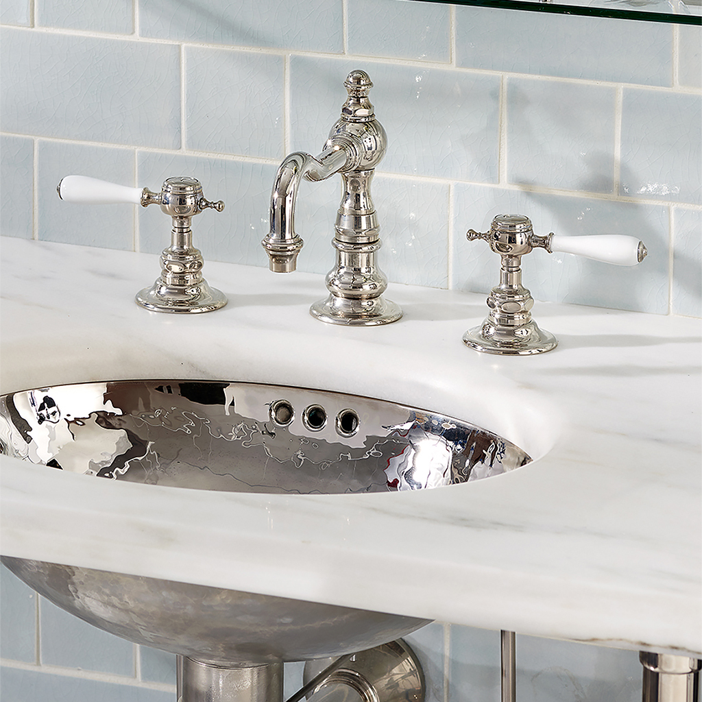 Discover Julia High Profile Three Hole Deck Mounted Lavatory Faucet with  White Porcelain Lever Handles Online | Waterworks