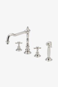 Julia Three Hole High Profile Kitchen Faucet, Metal Cross Handles and Spray