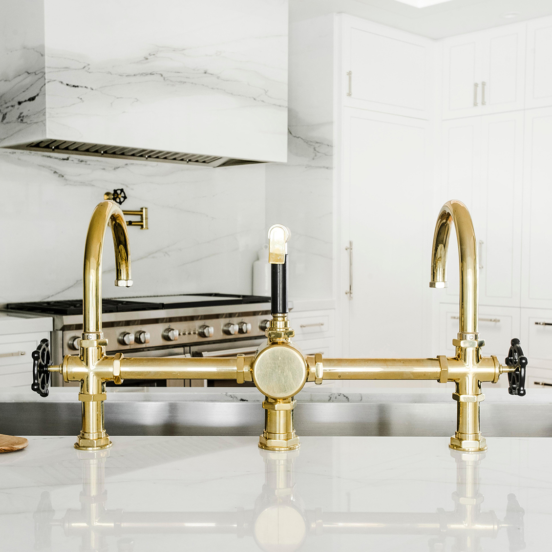 Discover Regulator Gooseneck Double Spout Marquee Kitchen Faucet, Black