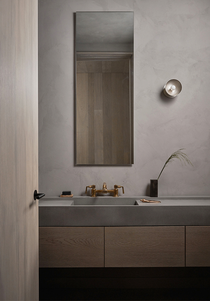 Gray Powder Room, Gold Faucet, Long Vertical Mirror