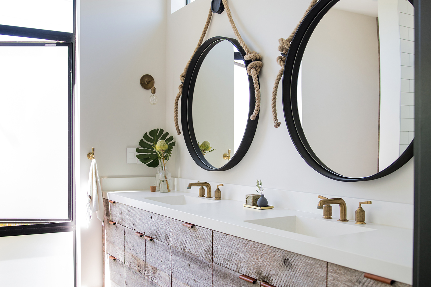 Bathroom, Double Vanity, Two Black Round Mirrors