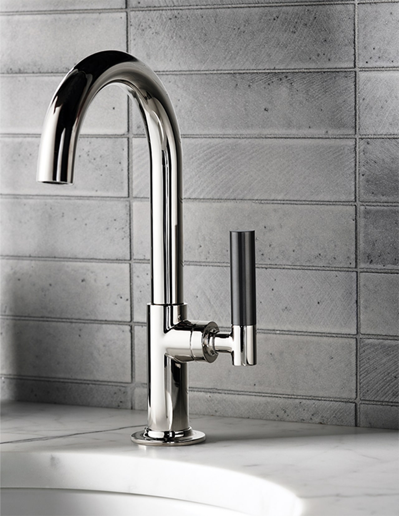 Bond Tandem Series One Hole Lavatory Faucet with Two-Tone Lever Handle, Clara sink and Magma Tile in Stargazer Crackle.