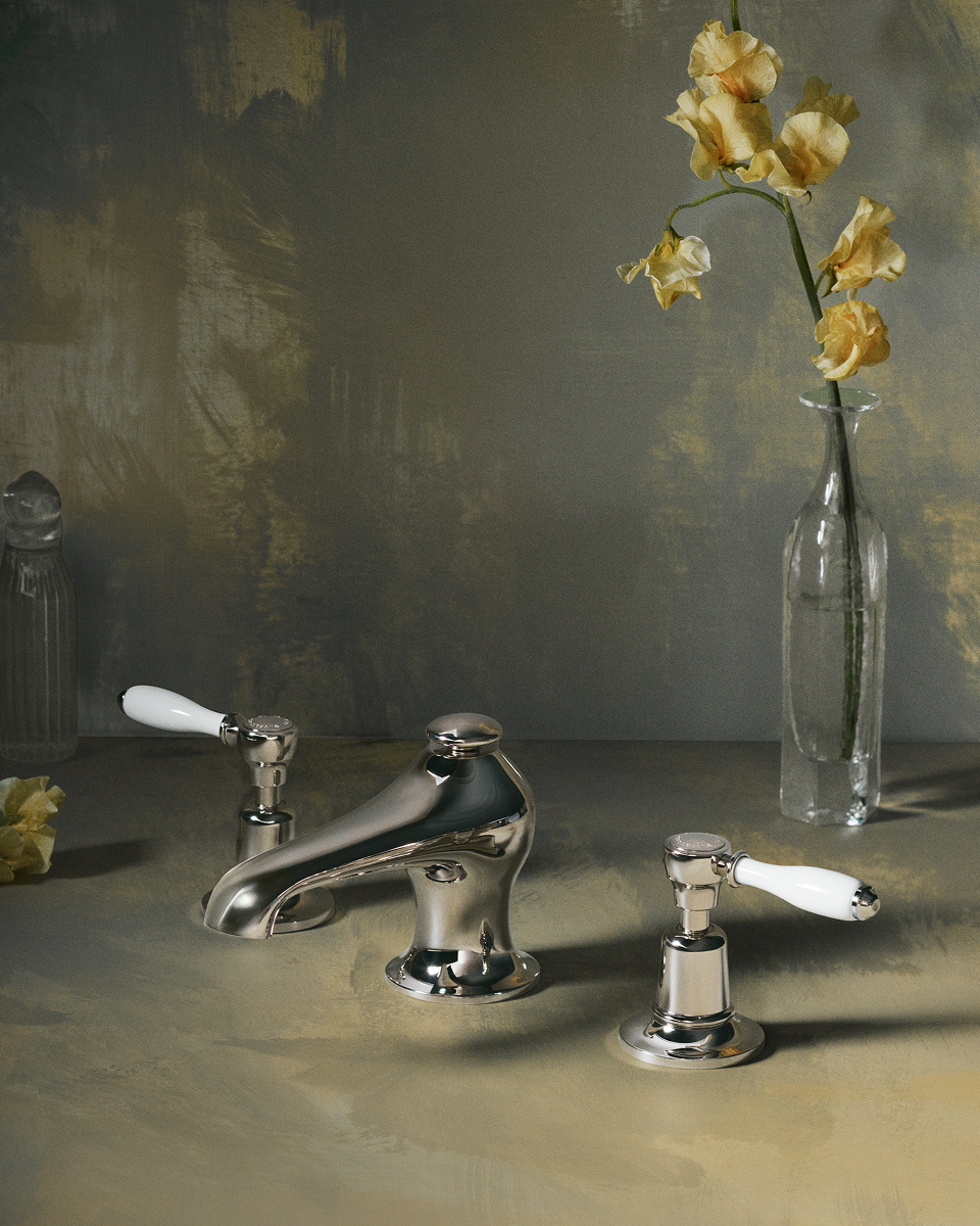 Mid-Profile Lavatory Faucet with Pearl Earthenware Lever Handles