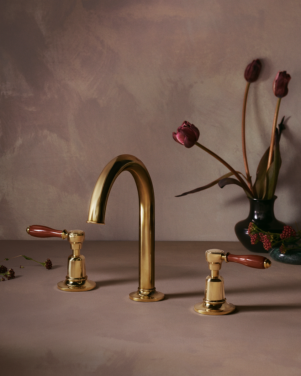 Gooseneck Lavatory Faucet with Vermillion Earthenware Lever Handles