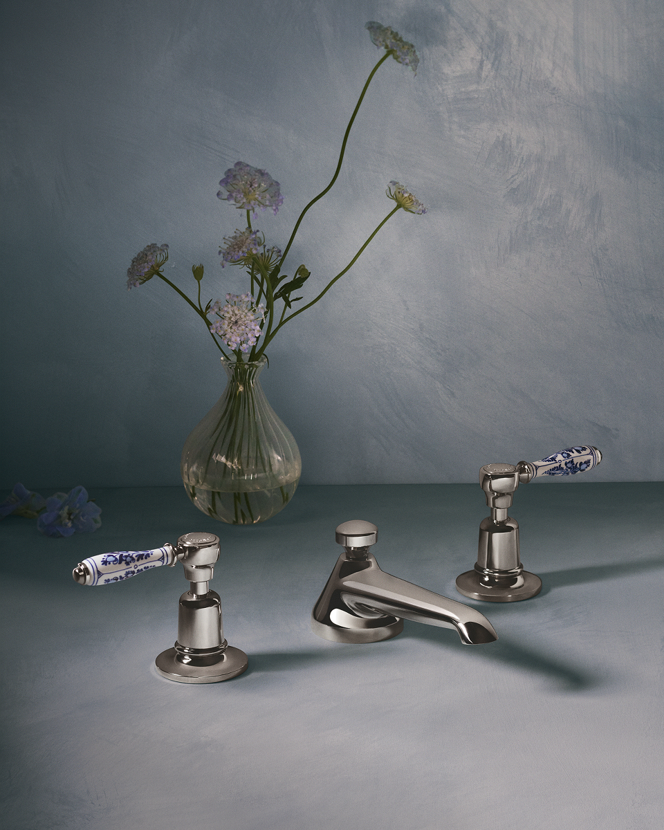 Low Profile Lavatory Faucet with Royal Delft Floral Lever Handles